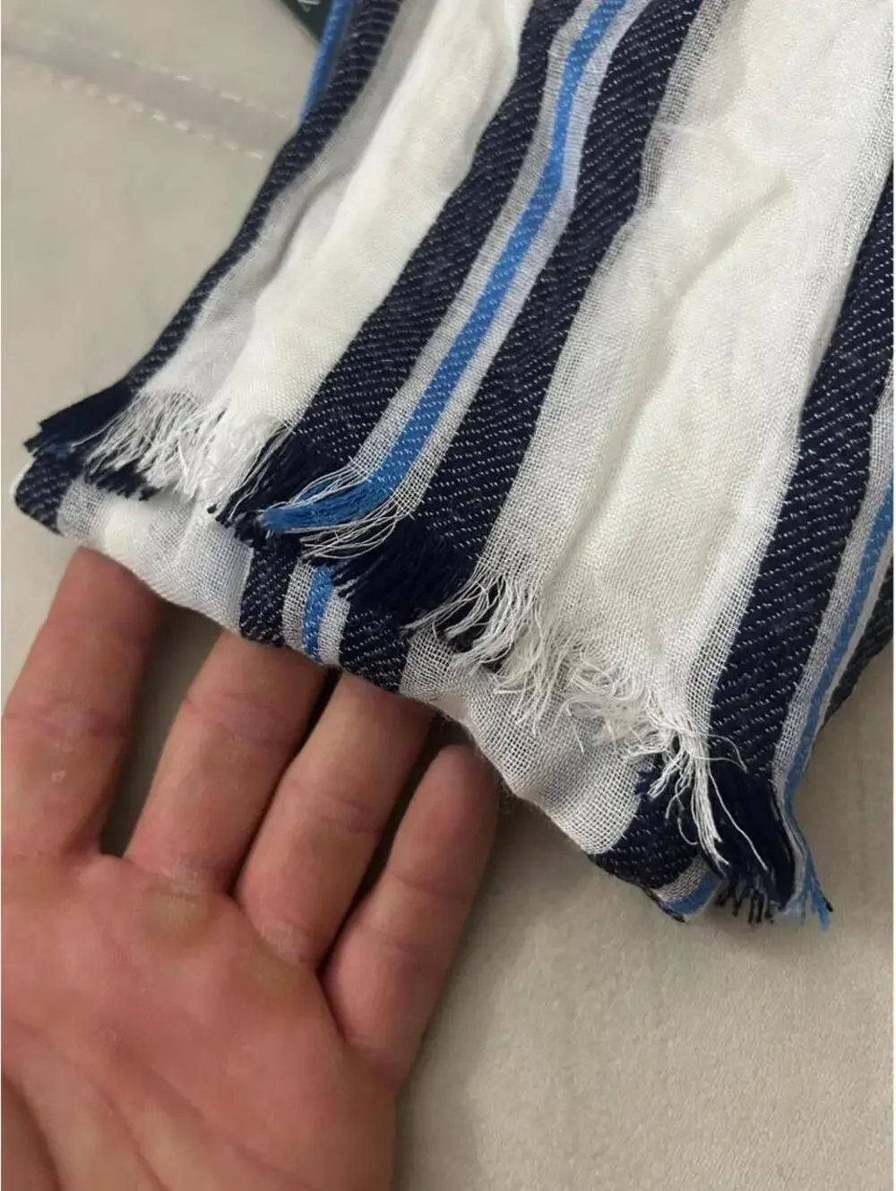 NWT Lauren Ralph Lauren white, black, and blue striped fringe scarf